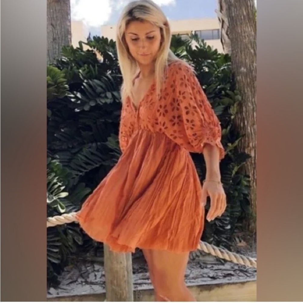 Free People One Bella Note Eyelet Mini Dress Tunic TerraCotta Clay Orange Boho